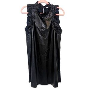 TCEC VEGAN LEATHER POLY RUFFLE MOCK NECK SLEEVELESS SHIFT DRESS KEY HOLE BACK